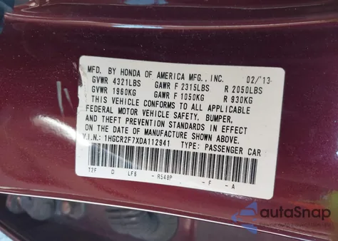 2013 Honda Accord Ex из США, поврежденный, VIN 1HGCR2F7XDA112941